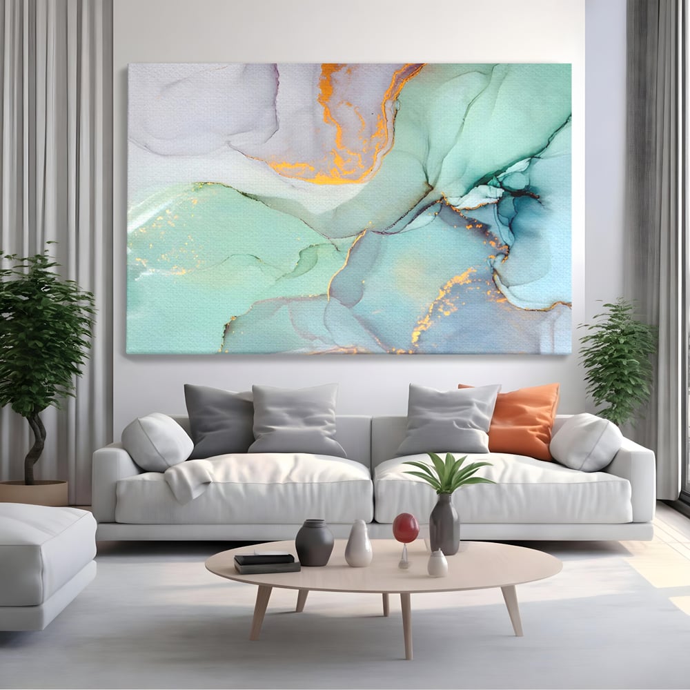Tablou canvas cu pictura abstracta cu efect de marmura colorata, fara rama, pe sasiu de lemn, pe perete intr-un living